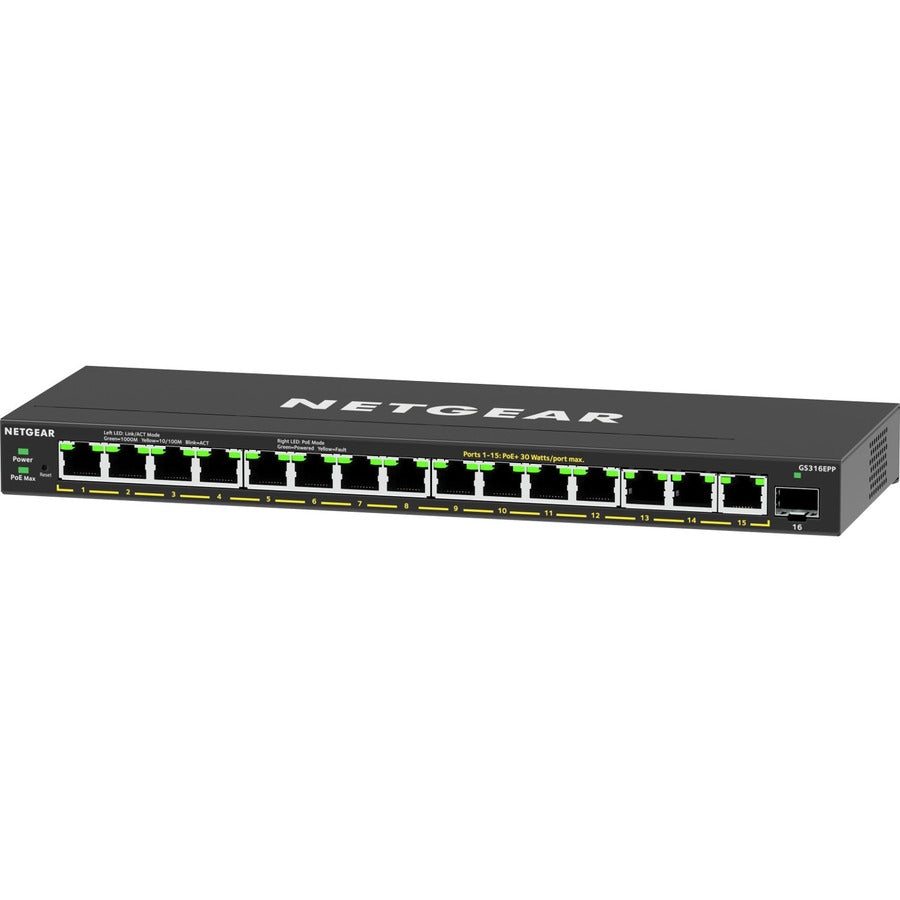 Netgear 16-Port High-Power PoE+ Gigabit Ethernet Plus Switch (231W) with 1 SFP Port GS316EPP-100NAS