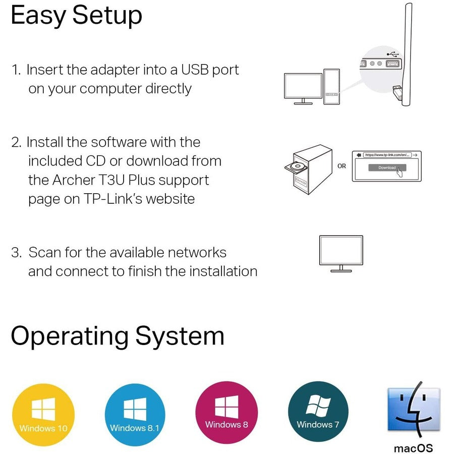 TP-Link Archer T3U Plus - IEEE 802.11ac Dual Band Wi-Fi Adapter for Desktop Computer/Notebook ARCHER T3U PLUS