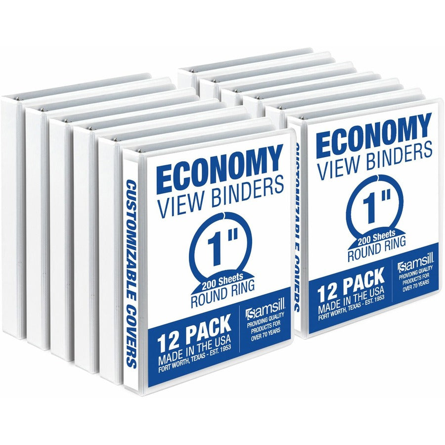 Samsill Economy 1 Inch 3 Ring Binder, Made in the USA, Round Ring Binder, Non-Stick Customizable Cover, White, 12 Pack (I008537C) I008537C