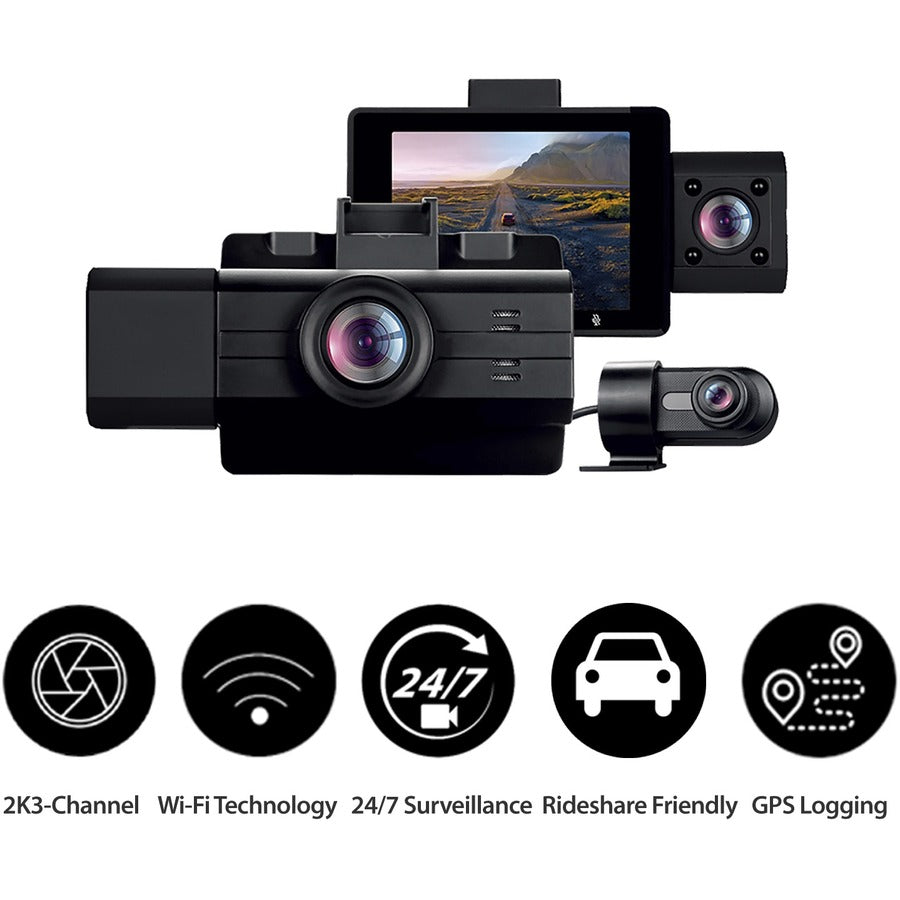 myGEKOgear by Adesso Scout Pro 2K 3-Channel Dash Cam Surveillance Edition with Front View, Cabin View, Rear View, APP for Instant Video Access, Wide Angle View, 32GB SD Card Included, G-Sensor, ODB2 Cable for Toolless 24/7 Surveillance GOSP32G