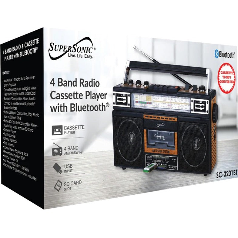 Supersonic 4 Band Radio & Cassette Player + Cassette To Mp3 Converter & Bluetooth SC-3201BTWOOD