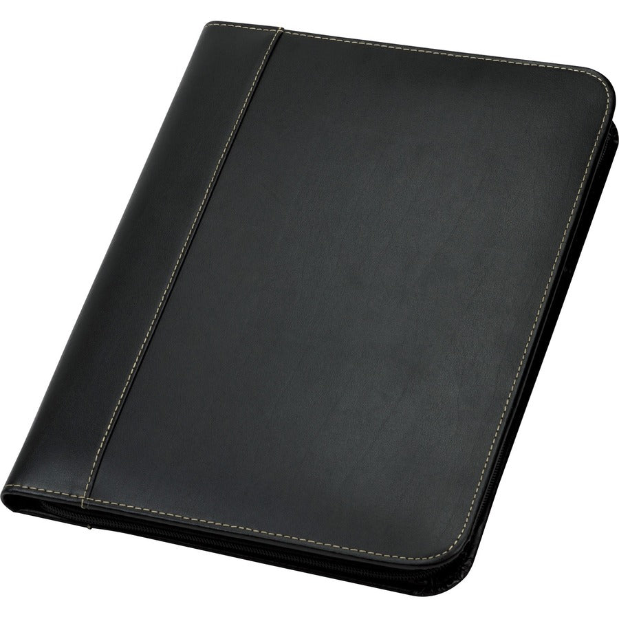 Samsill Contrast Stitch Leather Zippered Portfolio Folder / Business Portfolio for Men and Women, Resume / Document Organizer with Writing Pad, Black (71720) 71720