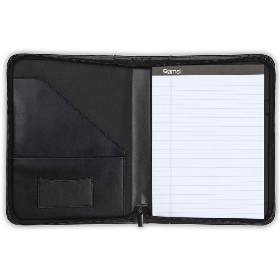 Samsill Contrast Stitch Leather Zippered Portfolio Folder / Business Portfolio for Men and Women, Resume / Document Organizer with Writing Pad, Black (71720) 71720