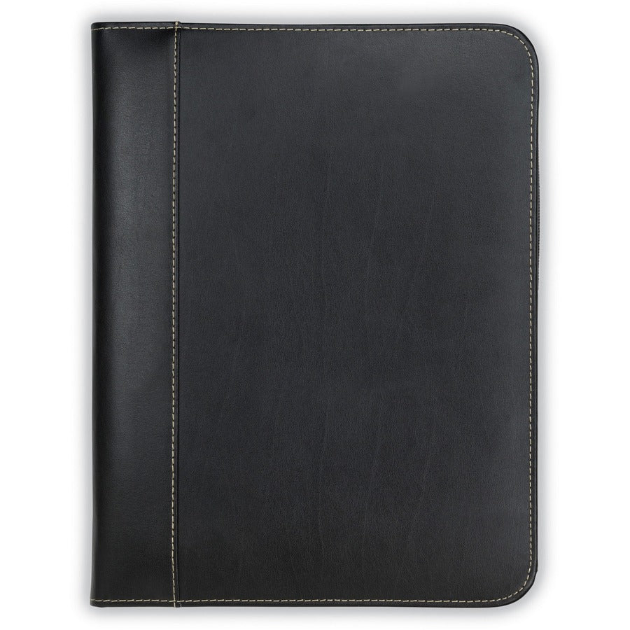 Samsill Contrast Stitch Leather Zippered Portfolio Folder / Business Portfolio for Men and Women, Resume / Document Organizer with Writing Pad, Black (71720) 71720