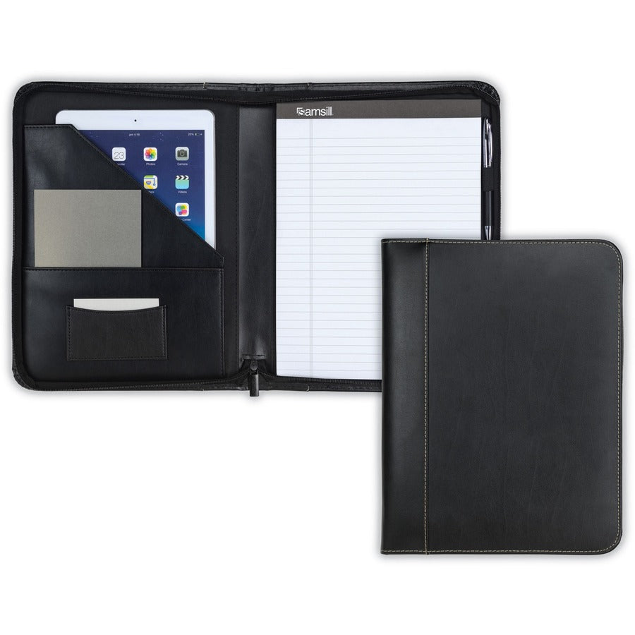 Samsill Contrast Stitch Leather Zippered Portfolio Folder / Business Portfolio for Men and Women, Resume / Document Organizer with Writing Pad, Black (71720) 71720