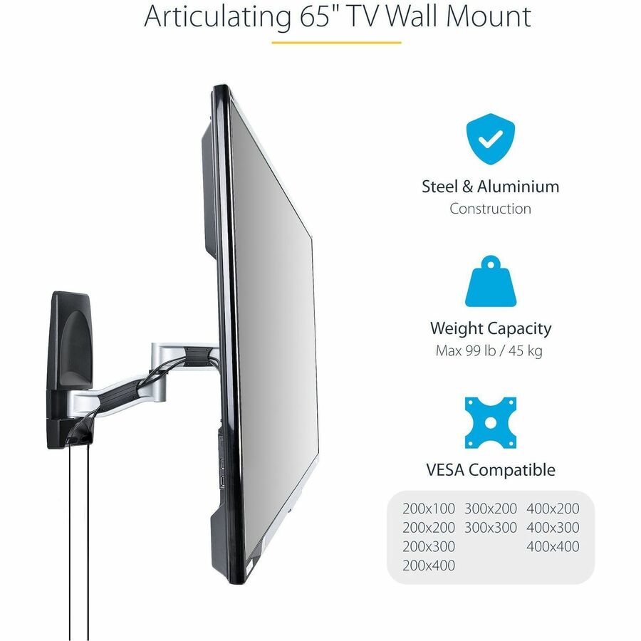 StarTech.com Articulating TV Wall Mount, VESA Wall Mount TV Bracket for 65 inch/99lb/Curved TVs, Corner Adjustable Low Profile Wall Mount TV-WALL-MOUNT-65FS