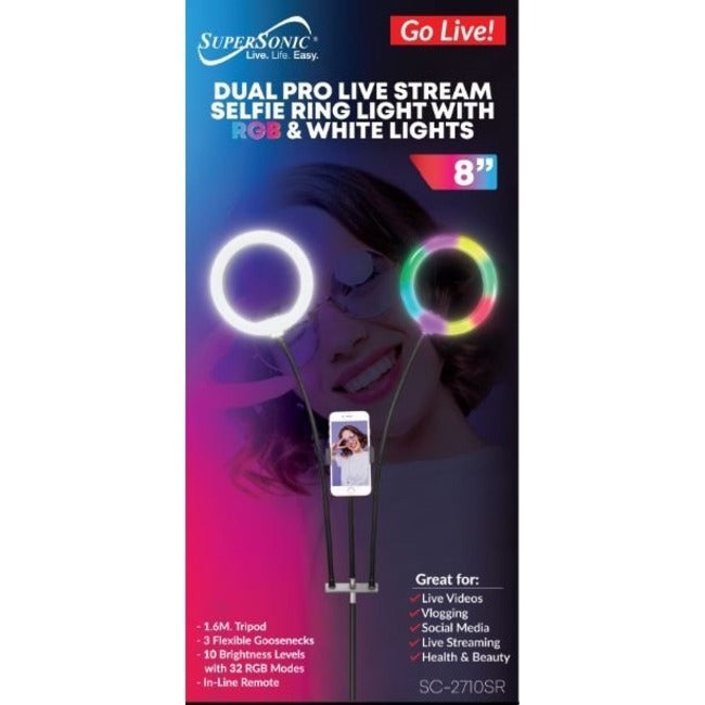 Pro Live Stream Double 8" Selfie Ring Light 32 Color Modes SC-2710SR