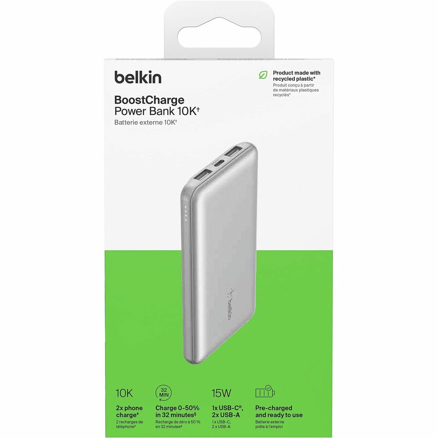 Belkin 15W 3-port USB Power Bank - 10K mAh - 2xUSB-A (12W), 1xUSB-C (15W) - Portable Charger - w/ USB-A to USB-C Cable - Silver BPB011BTSL