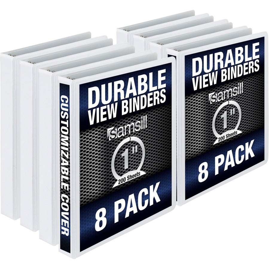 Samsill Durable 3 Ring Binder Made in the USA, 1-Inch Round Ring Binder, Holds 200 Sheets, Customizable Clear View Cover, White, 8 Pack (S88437) S88437