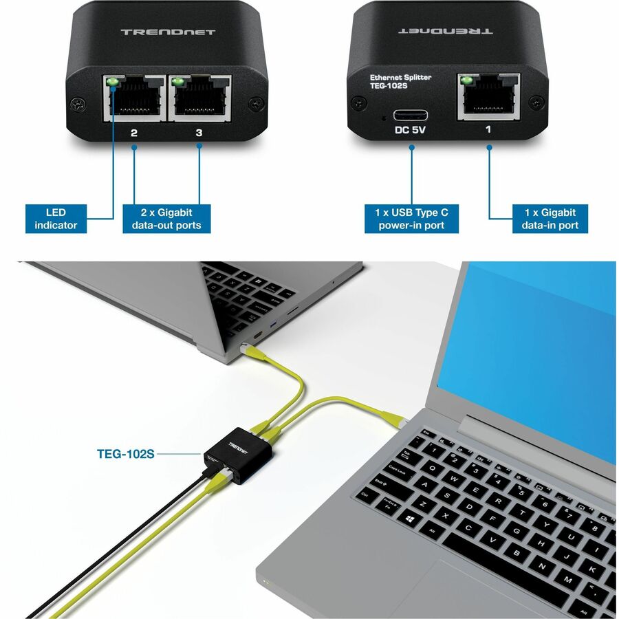 TRENDnet 2-Port Gigabit Splitter with USB Type C Power, TEG-102S, Splits One Network Connection Into Two, USB Type C Power Cable Included, NDAA & TAA Compliant TEG-102S