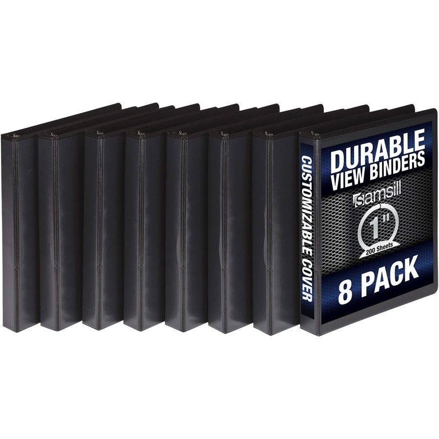 Samsill Durable 3 Ring Binder Made in the USA, 1-Inch Round Ring Binder, Holds 200 Sheets, Customizable Clear View Cover, Black, 8 Pack (S88430) S88430